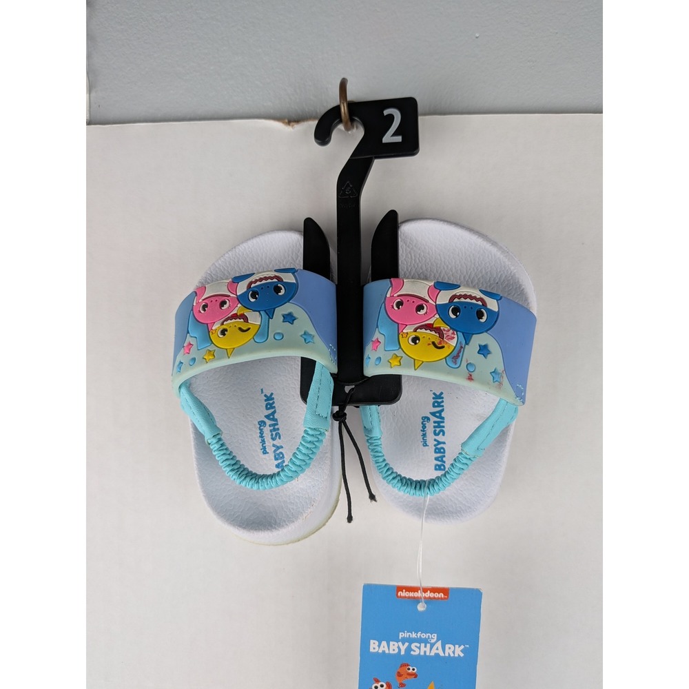 Baby Shark Infant Slide Sandals Blue White Elastic Back Strap Size 2 - Picture 2 of 4